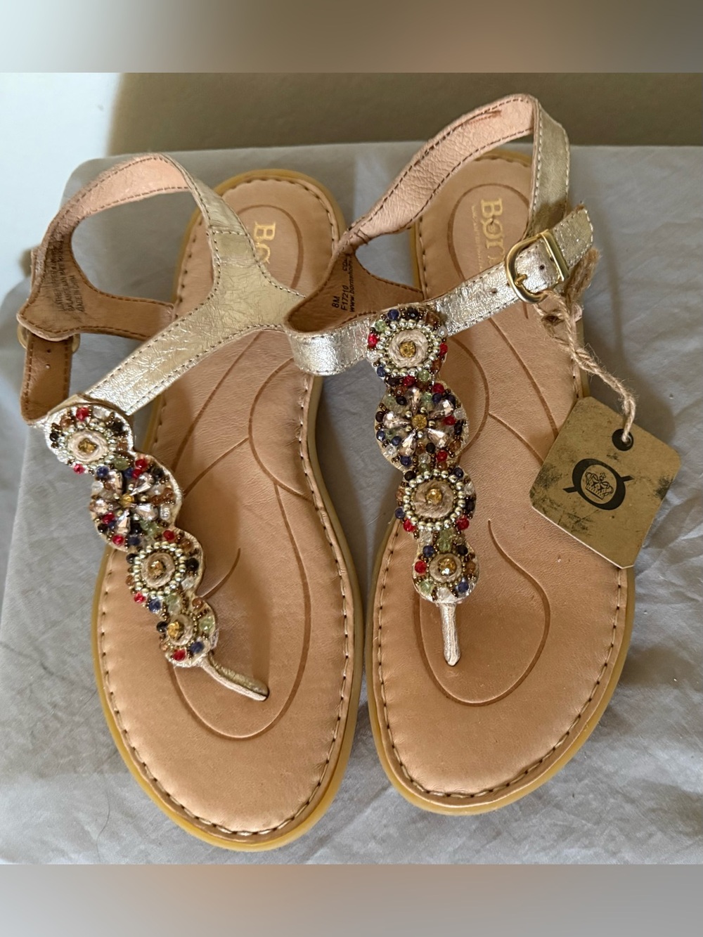 Born Metallic Gold Beaded T-Strap Sandals